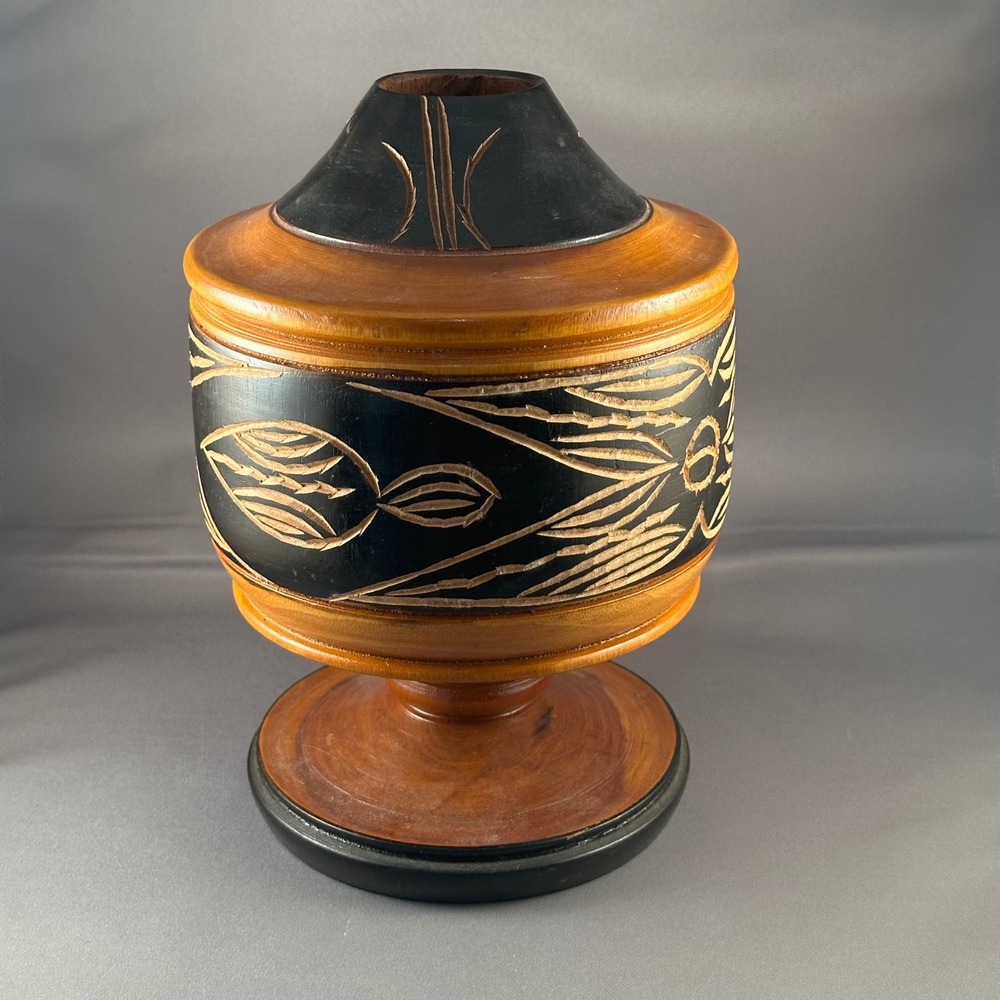Hand Carved African Wood Decanter Black Orange‎ Pedestal Decorative Art no lid